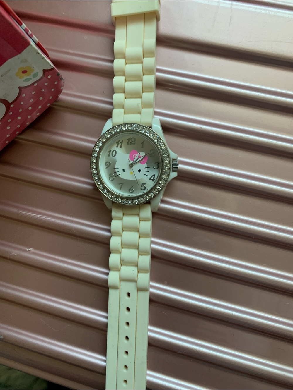 Sanrio Cream Silicone Hello Kitty Watch with Pink Bow and Rhinestones